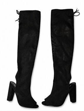 Guess Women's Sz 8 Boni Black Faux Suede Over-the-Knee Open-Toe Block Heel Boots